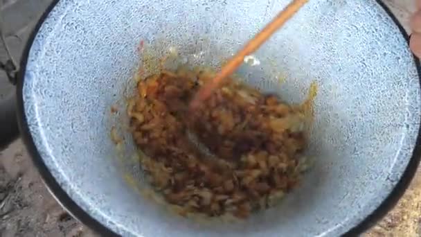 Oignon Frit Doux Dans Une Bouilloire Profonde Dessus Feu Naturel — Video