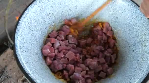 Hands Old Man Chef Put Fres Cubes Pork Meat Kettle — Stock Video