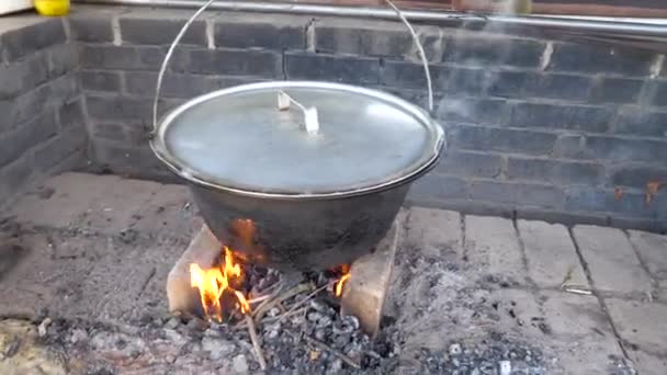 Opa Legt Droog Berkenhout Onder Een Ketel Met Een Aluminium — Stockvideo