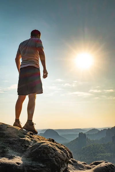 Man Top Mountain Conceptual Design Misty Valley Man Hike Person — Stock Photo, Image