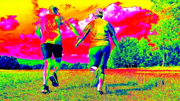 Инфракрасное Сканирование Взрослых Спортивных Гетеросексуальных Пар Люди Бегут Рука Руку — стоковое видео