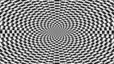 Ortadaki noktanın etrafında soyut hareket eden daireler ve kare düğmeler. İnce çizgili siyah beyaz düğmeli illüzyon.