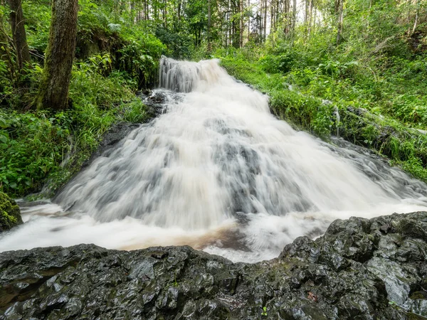 Gevallen Rotsen Stroomversnellingen Het Bos Gebogen Bergstroom Die Naar Beneden — Stockfoto