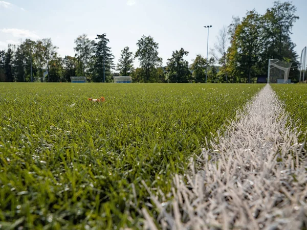 白门线足球运动绿地足球训练场线及球果器材 — 图库照片