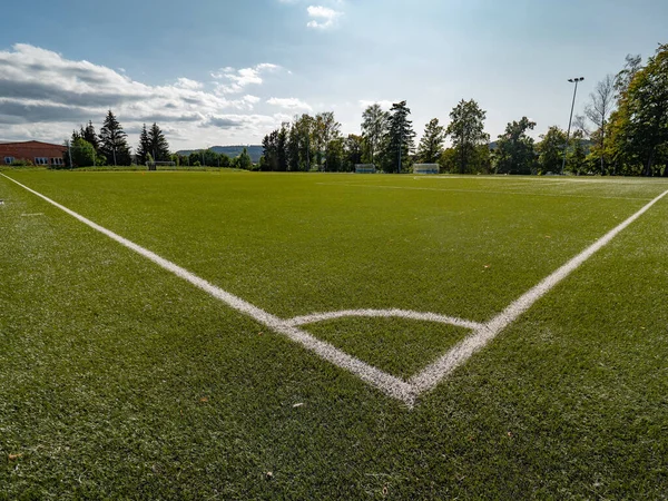 Futebol Futebol Campo Grama Verde Detalhe Canto — Fotografia de Stock