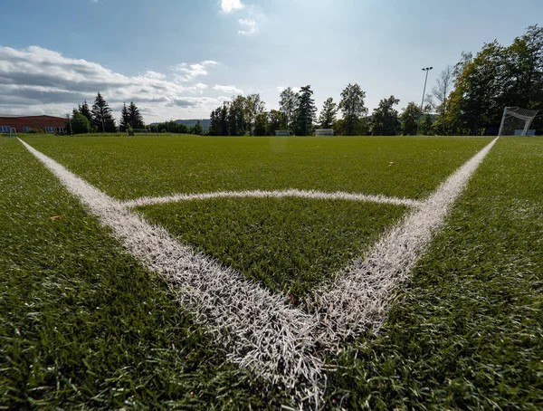 Campo Fútbol Fútbol Verde Hierba Detalle Esquina —  Fotos de Stock