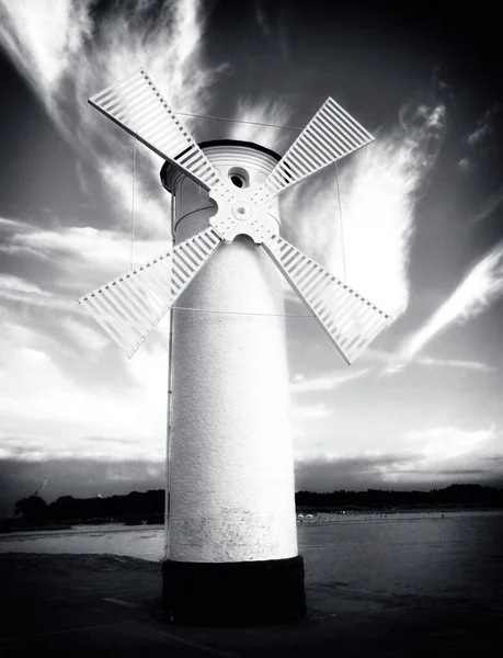 White Windmill Sea Rocky Coast Seascape Landscape — Stock Photo, Image