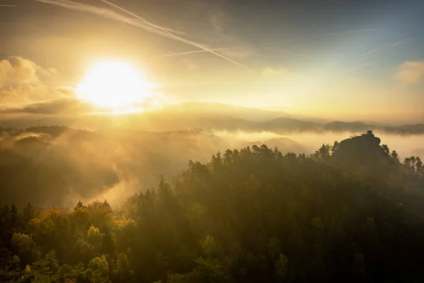 Hermoso Bosque Otoño Anaranjado Rojo Niebla Parque Bohemio Suiza República —  Fotos de Stock