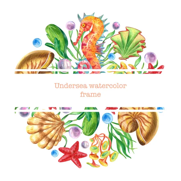 Watercolor round frame with undersea plants