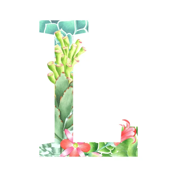 Watercolor botanical drop cap letter L in retro style with succulents, flowers, kalanchoe and sweetheart