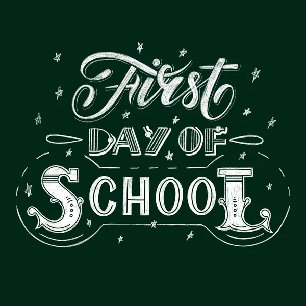 First day of school hand-drawn chalk-texture lettering in retro style with victorian font and calligraphy on a green blackboard background
