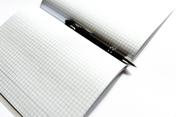 Vista Superior Cuaderno Cuadros Con Bolígrafo Negro Sobre Fondo Blanco — Foto de Stock