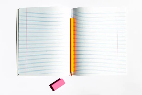 Zurück Die Schule Bildungskonzept Draufsicht Gelb Bleistiftgesäumtes Copybook Rosa Radiergummi — Stockfoto