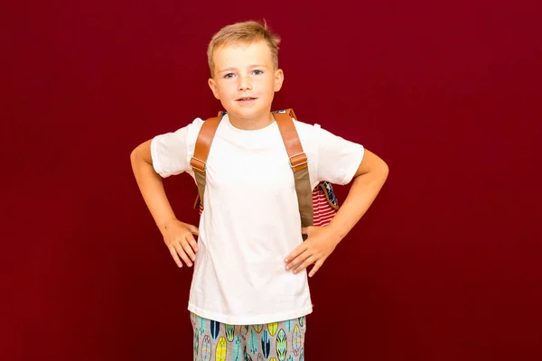 Menino Escola Com Mochila Isolado Parede Vermelha — Fotografia de Stock