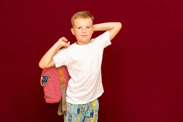 Caixão Escolar Parte Trás Cabeça Com Mochila Isolado Parede Vermelha — Fotografia de Stock