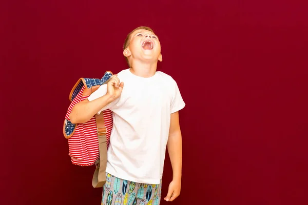 School Boy Open Mouth Backpack Isolated Red Wall — Stock Photo, Image