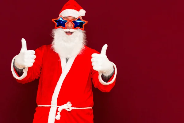 Stylish Santa Beard Trendy Costume Stars Glasses White Gloves Show — Stock Photo, Image