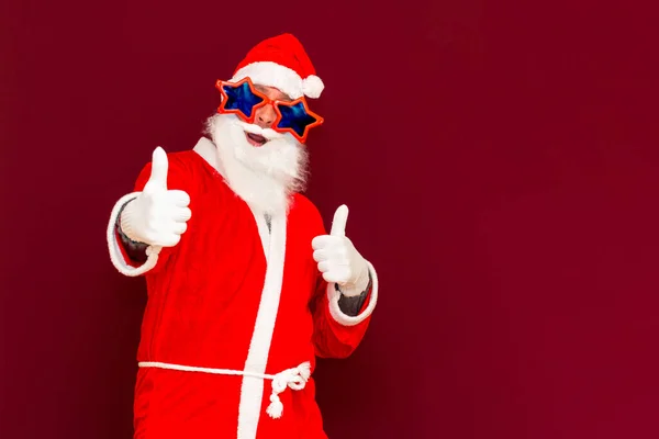 Stylish Santa Beard Trendy Costume Stars Glasses White Gloves Show — Stock Photo, Image