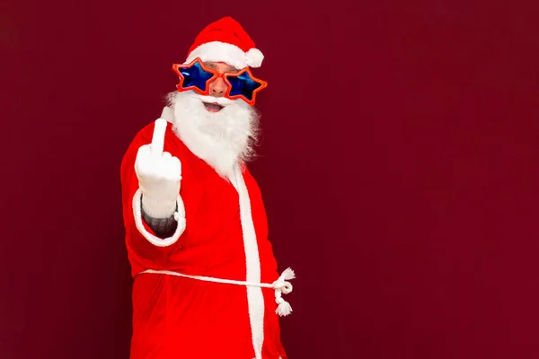 Young Handsome Man Wearing Santa Claus Costume Beard Star Sunglasses — ストック写真
