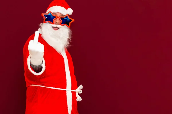 Young Handsome Man Wearing Santa Claus Costume Beard Star Sunglasses — 스톡 사진