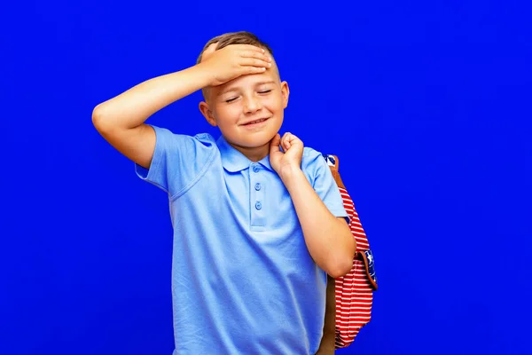 Испуганный Маленький Мальчик Открытым Ртом Голубой Футболке Полосатый Рюкзак Держа — стоковое фото