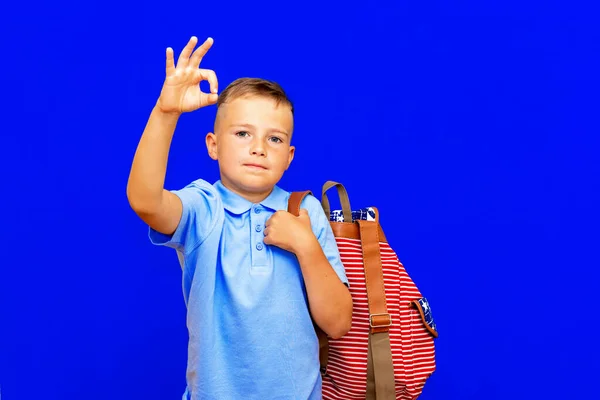 Funny Serious Little Blonde Kid Schoolboy Red Striped Backpack Posing — Stock Photo, Image