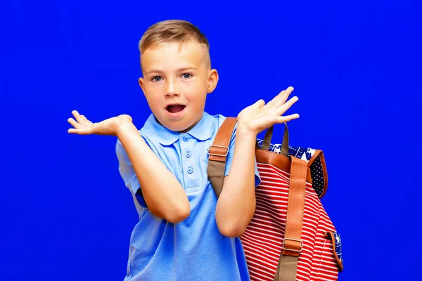 Shocked Attractive Schoolboy Shirt Backpack Spreading Hands Isolated Yellow Background — Stock Photo, Image