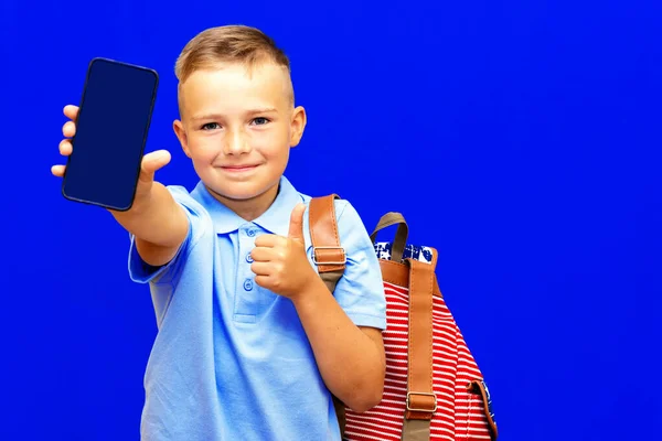 Young Schoolboy Years Old Wears Blue Shirt Holds Phone Striped — Stock Photo, Image