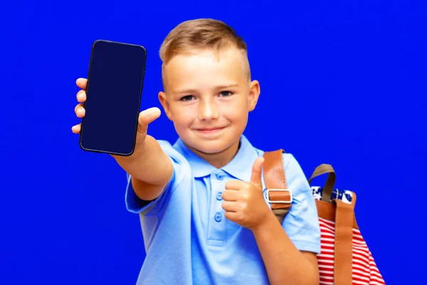 Young Schoolboy Years Old Wears Blue Shirt Holds Phone Striped — Stock Photo, Image