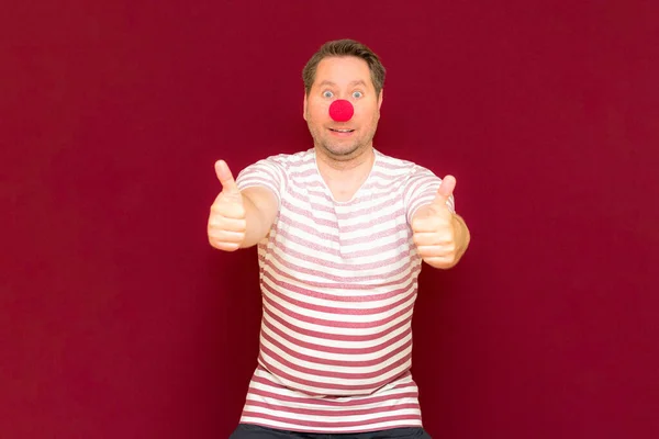 The happy calm caucasian american man shows thumb up on red or burgundy wall.Red nose day or april fools day. The clown, fun, party, celebration, funny, joy, holiday, humor concept