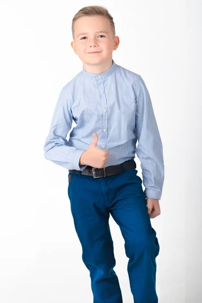 Young European Cute School Boy Show Thumb Smile White Background — Stock Photo, Image