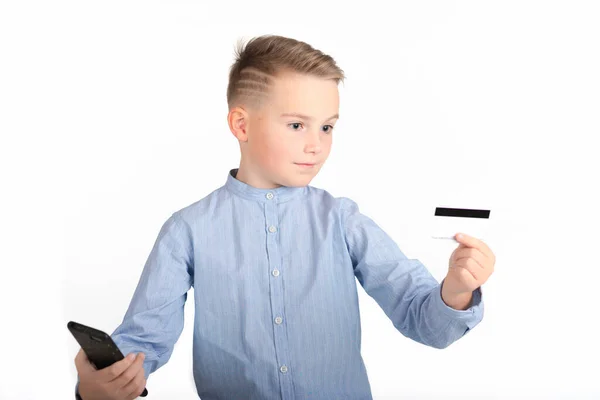 Portrait Surprised European Boy Holding Mobile Phone Credit Card Young — Stock Photo, Image