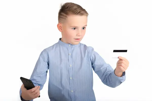 Portrait Surprised European Boy Holding Mobile Phone Credit Card Young — Stock Photo, Image