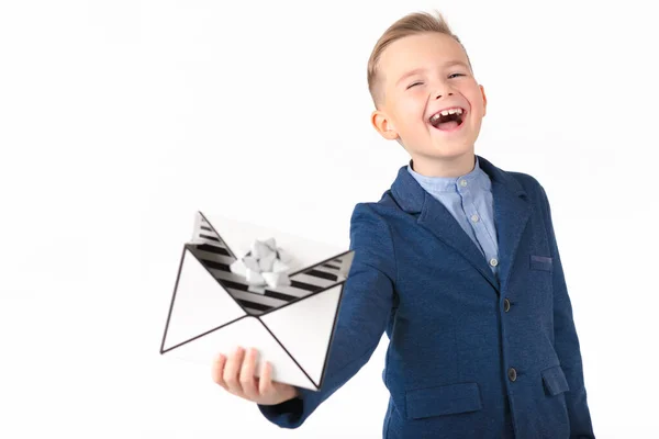 Happy Little Smilar Boy Looking Forward Laughing Opening Box Presents — Fotografia de Stock