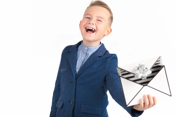 Happy Little Smilar Boy Looking Forward Laughing Opening Box Presents — Fotografia de Stock