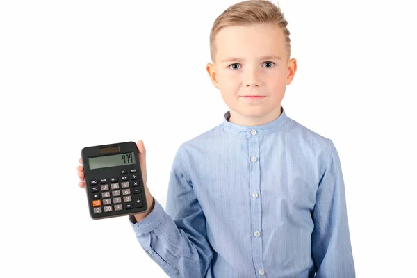 Calmo Schoolboy Segurando Calculadora Retrato Engraçado Bonito Menino 10S Criança — Fotografia de Stock
