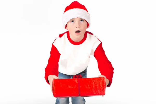 크리스마스 클로스 복장을 여학생이 산타클로스 모자를 크리스마스 박스를 — 스톡 사진