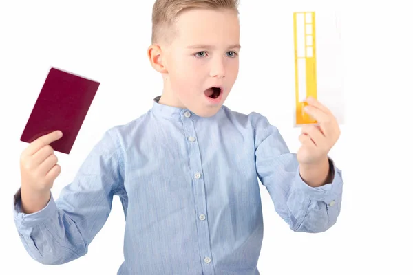 European Smiling Surprised Boy Blue Shirt Hold Ticket Passport Isolated — Stock Photo, Image