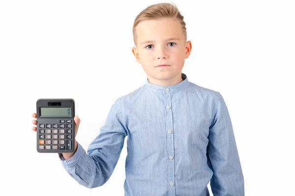 Schoolboy Holding Calculator Portrait Funny Cute 10S Boy Tired Child — Stock Photo, Image