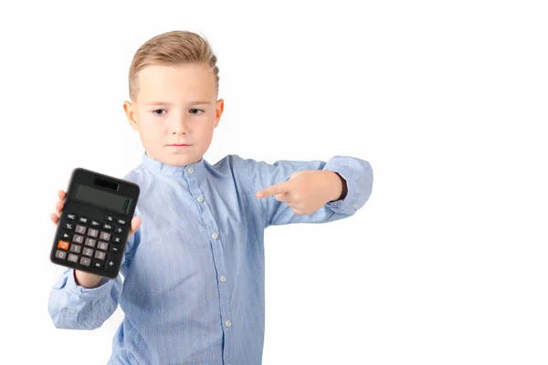 Schoolboy Shows Calculator Portrait Funny Cute 10S Boy Tired Child — Stock Photo, Image