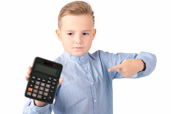 Schoolboy Shows Calculator Portrait Funny Cute 10S Boy Tired Child — Stock Photo, Image