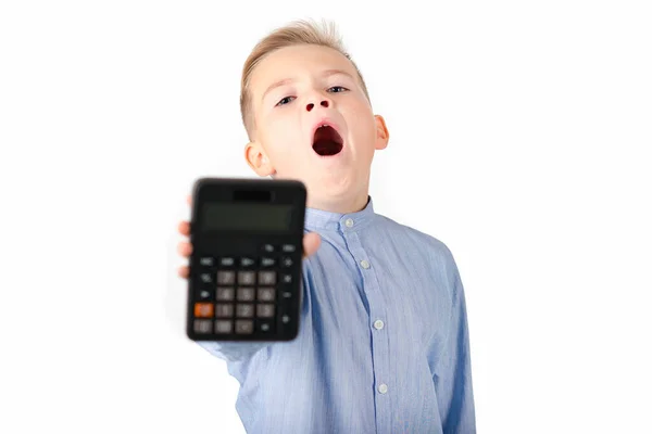 Schoolboy Holding Calculator Portrait Funny Cute 10S Boy Tired Child — Stock Photo, Image