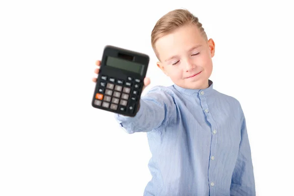 Schoolboy Holding Calculator Portrait Funny Cute 10S Boy Close Eyes — Stock Photo, Image