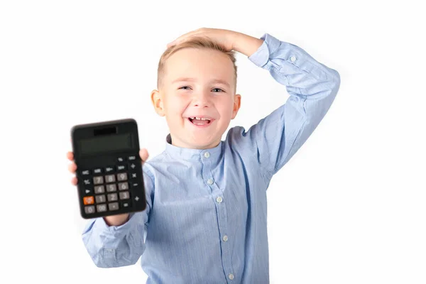 Schoolboy Holding Calculator Portrait Funny Cute 10S Boy Touching His — Stock Photo, Image