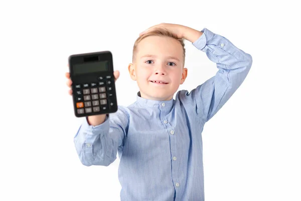 Schoolboy Holding Calculator Portrait Funny Cute 10S Boy Touching His — Stock Photo, Image