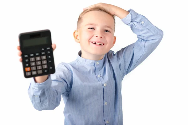 Schoolboy Holding Calculator Portrait Funny Cute 10S Boy Touching His — Stock Photo, Image