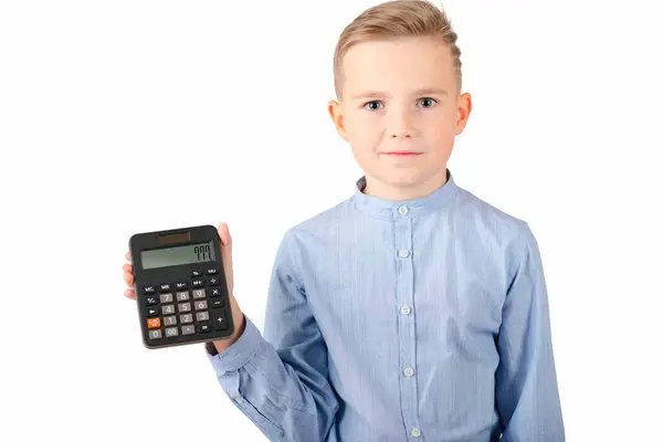 Calm Schoolboy Holding Calculator Portrait Funny Cute 10S Boy Child — Stock Photo, Image