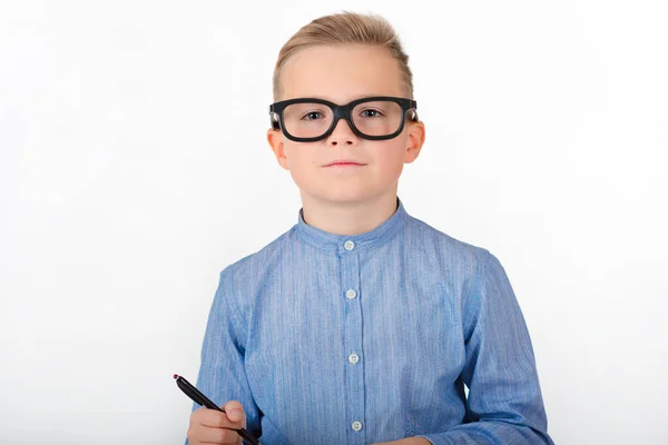 Portrait Boy Glasses Pen White Isolated Background — Stock Photo, Image