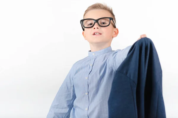 Attractive Caucasian Schoolboy Blue Shirt Looks Directly Camera Takes His — Stock Photo, Image