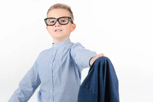 Attractive Caucasian Schoolboy Blue Shirt Looks Directly Camera Takes His — Stock Photo, Image